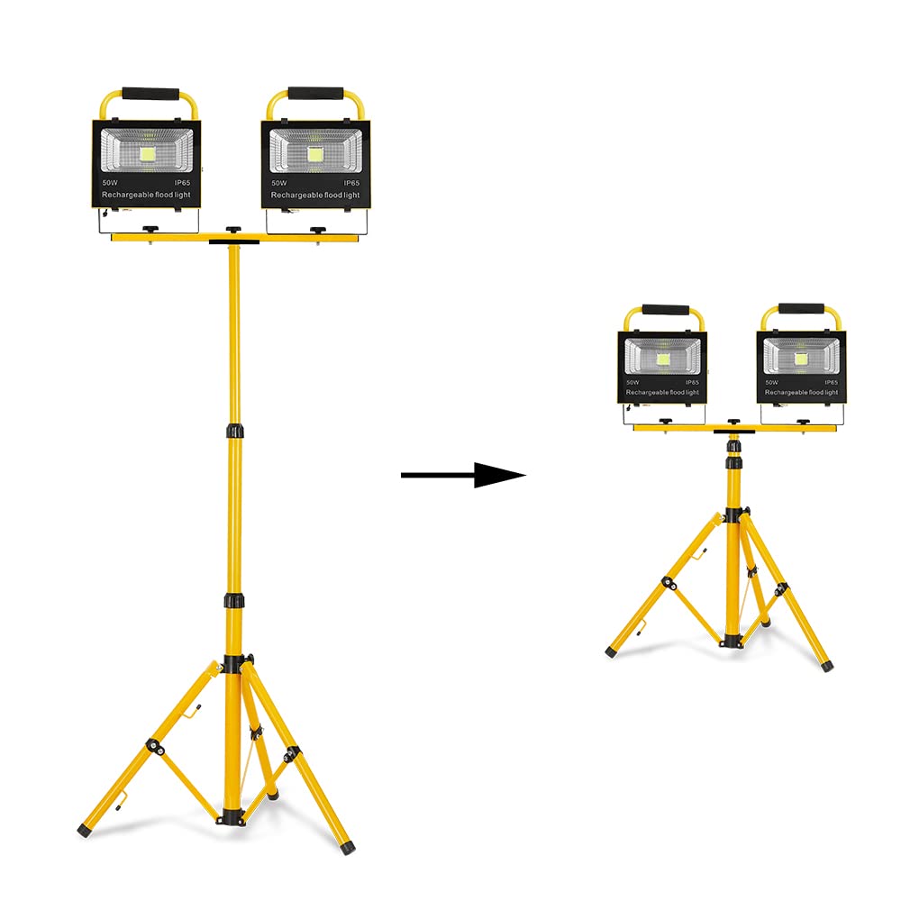 NAIZY 2x 50W Trípode Batería Luz del Sitio de Construcción Luz de Trabajo LED con Cable de Alimentación de CA, Enchufe y Cargador de Automóvil - Foco de Luz Blanca Cálida IP65