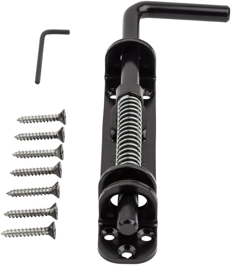 National Hardware N109-214 V1142 Spring Loaded Heavy Duty Sliding Door Bolt Latch - Black Steel Security Lock for Gates, Sheds and Stalls - Left or Right Hand Operation