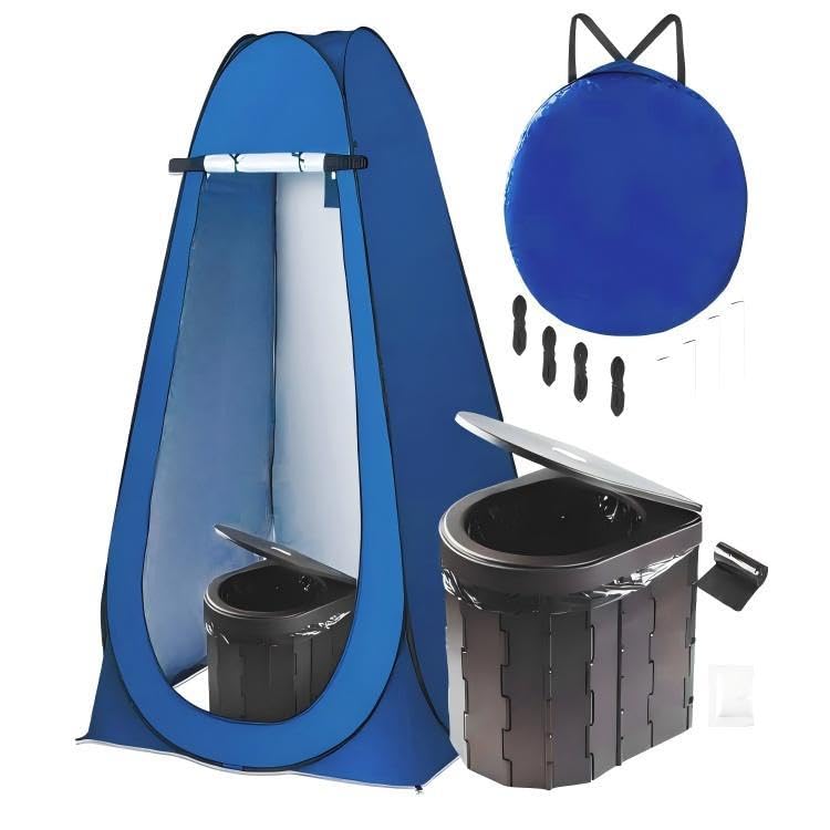 CAMP SOLUTIONS Camping Toilets Portable with Pop up Privacy Tent, X Large Portable Potty for Adults,2 in 1 Toilet for Adults for RV Camping Travel (Blue)