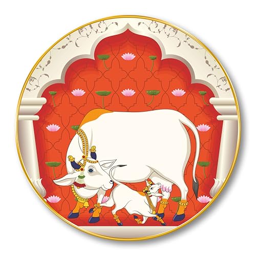 Image of SAF Kamdhenu Cow and Calf Round Wall Painting - Divine Indian Traditional Art with Lotus and Temple Arch | Sacred Cattle Wall Decor for Living Room, Pooja Room, Temple, Office (23 X 23 Inch) GR-277