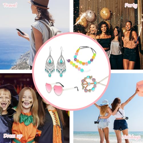 Hippie Accessoires, 5 Stück 70er Jahre Outfit Damen Set, Hippie Kleidung Damen Accessoires, Schlagerparty Outfit, Gänseblümchen Stirnband, Sonnenbrille, Ohrringe, Halskette