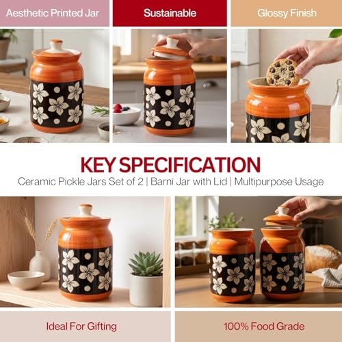 Image of Orange Ceramic Handglazed Pickle Jars Set of 2-1000 ML Each | 1 kg Achaar Martban Barni Jar with Lid | Ceramic Storage Jar Container Pickle, Chatney
