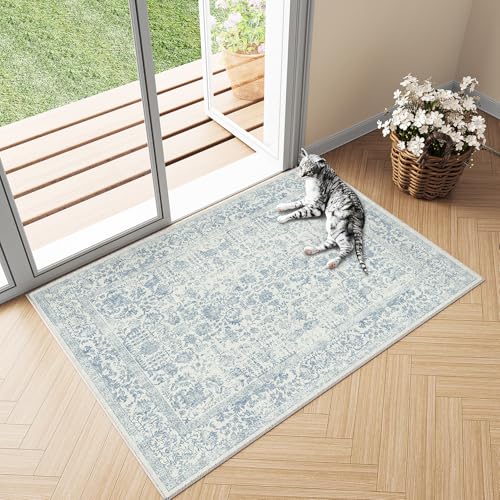 Blue Entryway Area Rug 2x3 Door Mat Machine Washable Kitchen Vintage Distressed Non Slip Carpet Indoor Retro Floral Accent Throw Small Rug for Bathroom Office Bedroom Dining Room