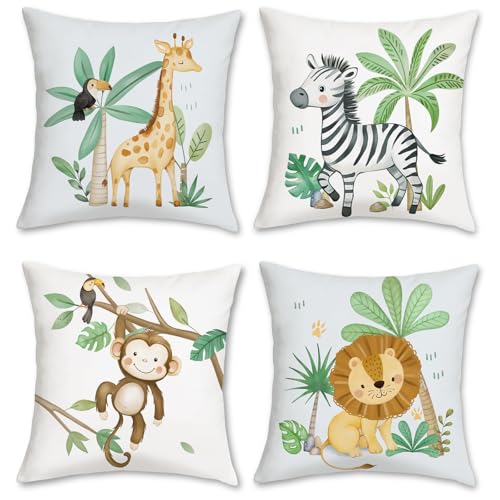Bonhause Housse de Coussin Animaux 45 x 45 cm Girafe Zèbre Singe Lion Vert Feuille Décoratif Taie d'oreiller pour Canapé Salon Jardin Maison Chambre...