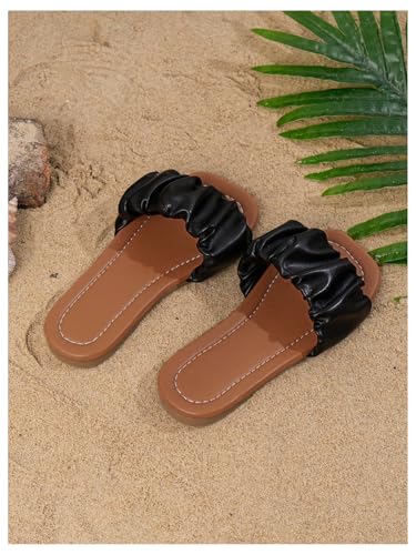 Image of GORGLITTER Girl's Ruched Single Band Chic Flats Square Open Toe Pu Leather Slide Sandals