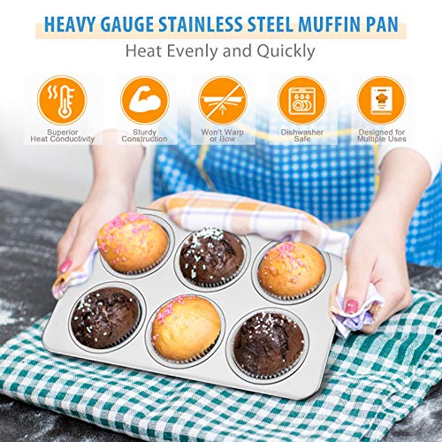E-far Muffin Pan Set of 2, Stainless Steel Muffin Pan Tin for Baking, 6-Cup Metal Cupcake Pan Tray, Non-toxic & Healthy, Oven & Dishwasher Safe, Regular Size - 11.44 x 7.12 x 1.25 inch - Image 5