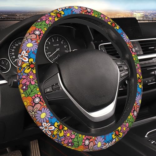 Funda de Volante de Neopreno Antideslizante para Mujeres, Hombres y niñas, diseño de Flores Hippie, Retro, para Volante de automóvil, Universal, 15 Pulgadas