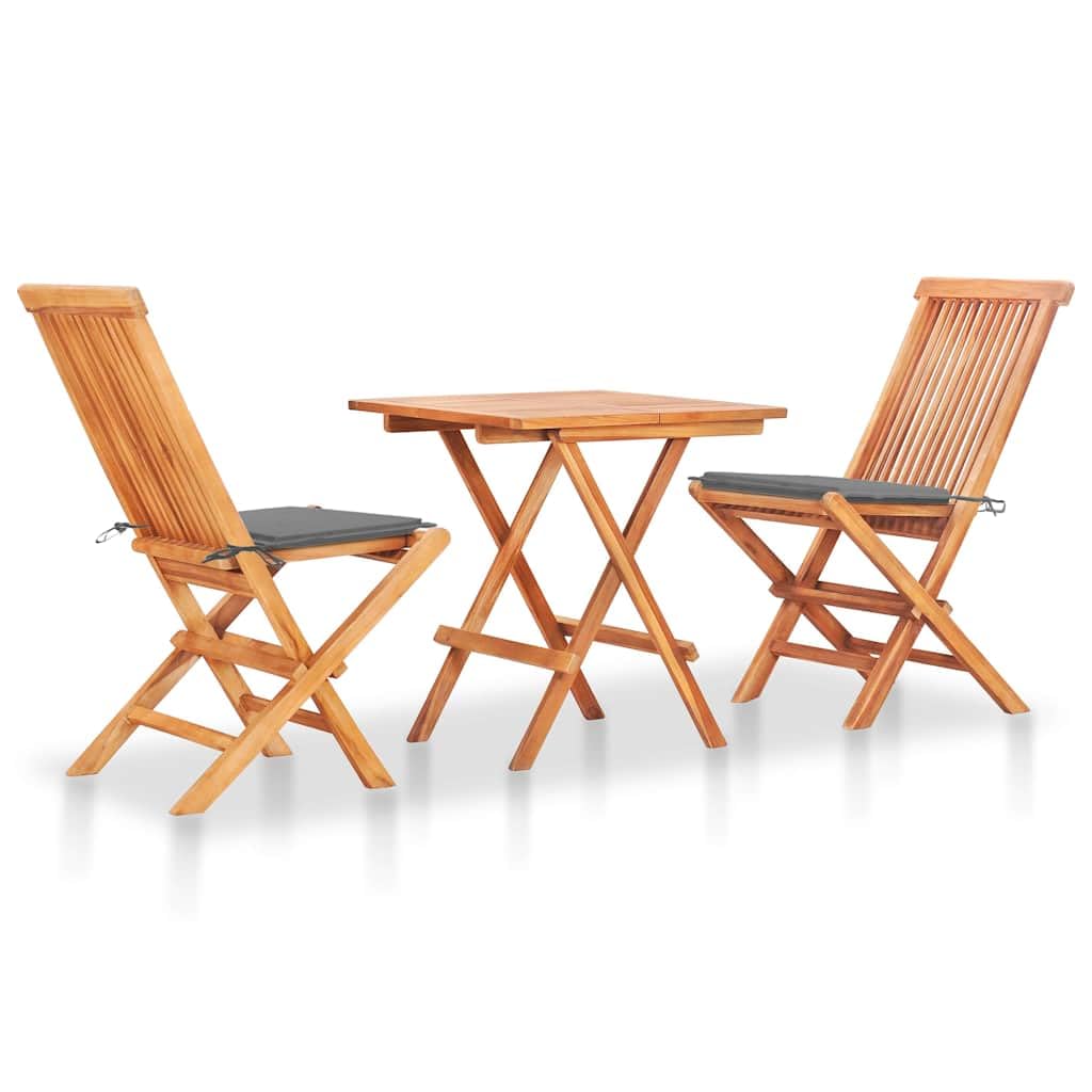vidaXL Ensemble de Bistro 3 pcs avec Coussins Gris Bois de Teck Massif