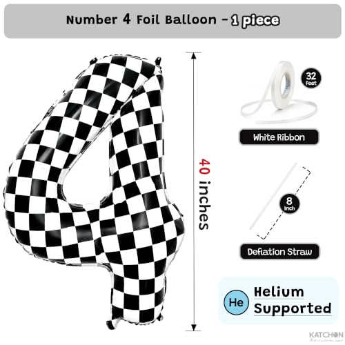 Image of KatchOn Checkered Number 4 Balloon for 4th Birthday Decorations - 40 Inch