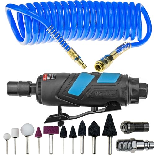 STIX Smerigliatrice diritta pneumatica STT-R11 con accessori e tubo a spirale in poliuretano, 12 x 8 mm, 5 m, per lavori di precisione in officina