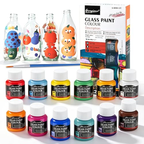 Glasfarben Set 12x25ml Glasmalfarbe Porzellanfarbe Spülmaschinenfest und Keramik Bemalen Kit Wasserfestes Weingläser Bemalen Set mit Pinseln UV-Schutz & Hochpigmentiert für Mehrere glas Oberfläche