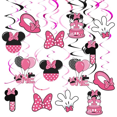 Image of Pink 1st Birthday Hanging Swirl Decorations,Mouse Birthday Party Ceiling Streamers,Pink Mouse Theme Party Supplies,Party Favors for Girls Kids(38 Pcs)
