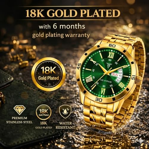 Image of TIMEWORKS Designer Golden Round Shape Day & Date Dial Men's & Boy's analogue Watch 418Yym16 (Gold Polish Gaurantee 6 Months)