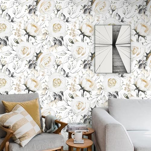 Papel pintado vintage de rosas blancas autoadhesivo y lavable de 44,5x600 cm 3