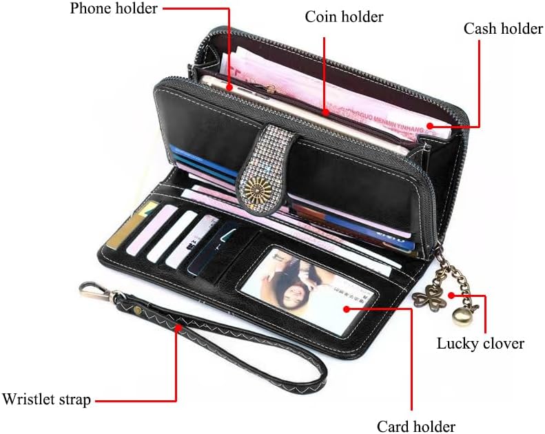Bling Rhinestone Womens Wallet Wristlet Clutch Handbags Sunflower Lucky Purse Credit Card Holder Large Capacity - Image 4