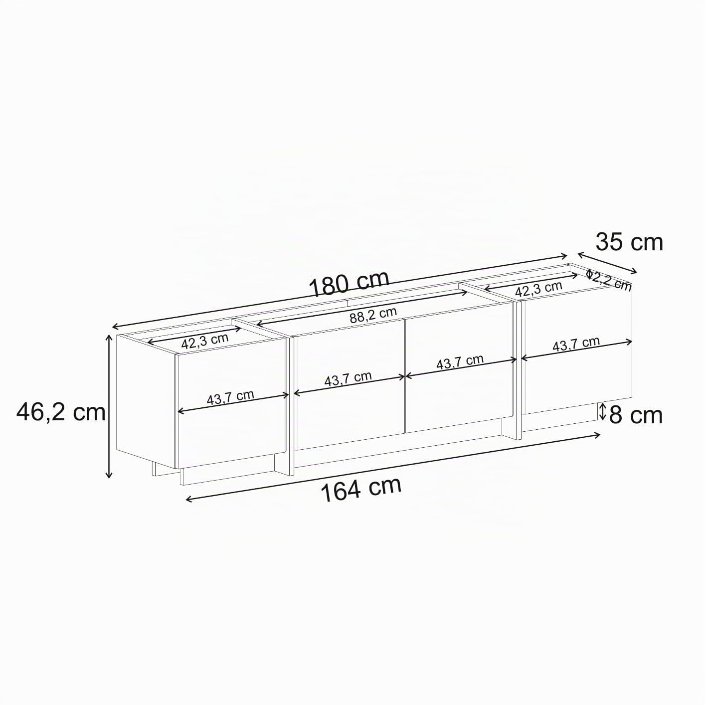 Modernes TV-Möbel, Milano Walnut, 180 cm x 46 cm x 35 cm | 100% melaminbeschichtete Spanplatte, 18 mm dick | Soft-Close-Scharniere, stilvoll & funktional für Wohnzimmer & Unterhaltungsbereiche