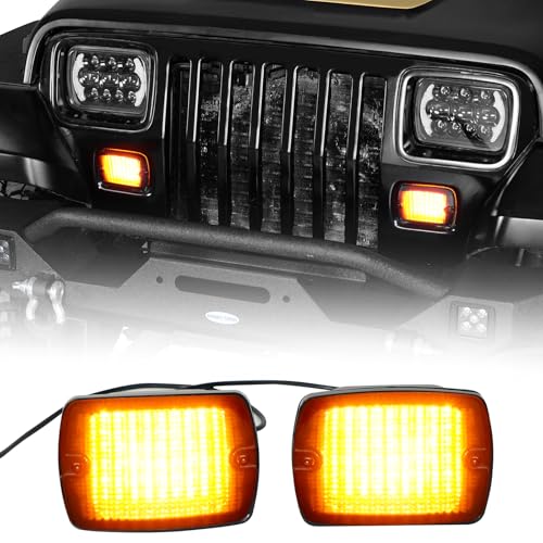 Hooke Road YJ Front Turn Signal Lights LED Amber Lamps and White DRL with Smoke Lens for 1987-1995 Jeep Wrangler YJ (Pack of 2)