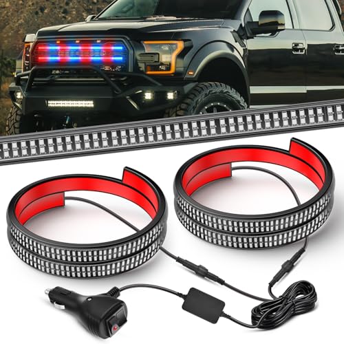 Image of Nilight 2PCS 24 inch Truck Grille Strobe Lights Strip 384 LED Emergency Light Red Blue Flexible Side Flashing Warning Caution Safety Waterproof Lighting Kit for Trucks Tow Plow Construction Vehicles