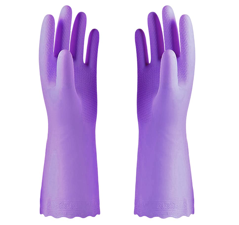 Image of Alimat PluS 1 Pack Reusable Cleaning Gloves Latex Free, Dishwashing Gloves with Cotton Flock Liner and Embossed Palm, Waterproof Household Gloves for Laundry, Gardening(Purple)