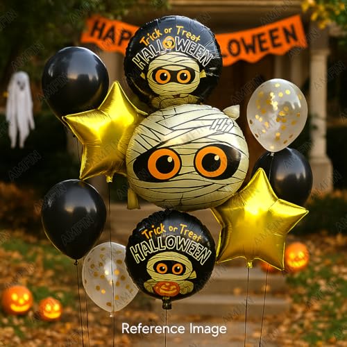 Image of AMFIN (Pack of 11) Halloween Balloon Decoration Set - Mummy Foil Balloon, 2 inchTrick or Treat Halloween inch Round Balloons & 2 Gold Star Balloons - Spooky Party Supplies for Kids & Adults