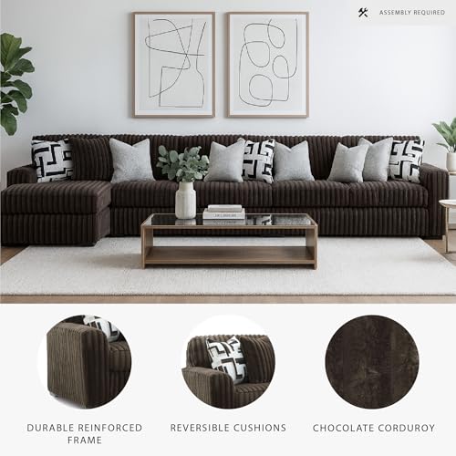 Image of Signature Design by Ashley Midnight-Madness 3-Piece Sectional with Chaise, Large L-Shaped Couch, Deep Seat Sectional, Brown Jumbo Corduroy Sofa, Reversible Cushions, Chocolate Brown, 190 inch W