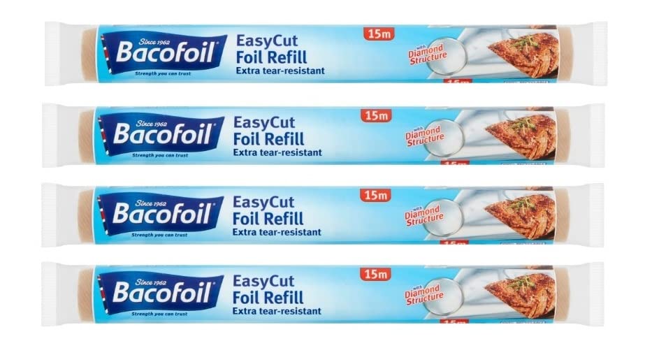 4 x EasyCut Aluminium Foil Refill Roll Extra Tear & Heat-Resistant Perfect for Grilling Baking Roasting Wrapping Freezing 30cm x 15m