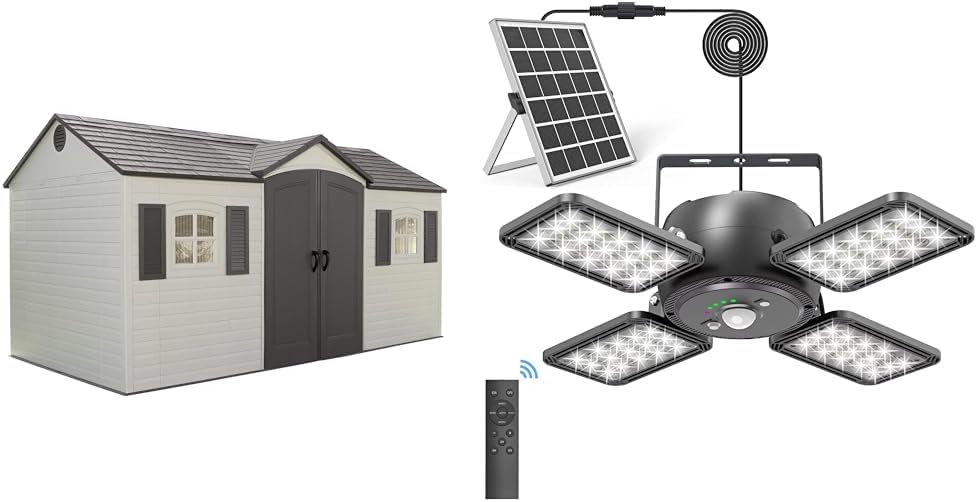Lifetime 6446 8x15ft Outdoor Storage Shed Bundle with 144LED 1200LM Solar Shed Light, Motion Sensor, Remote Control