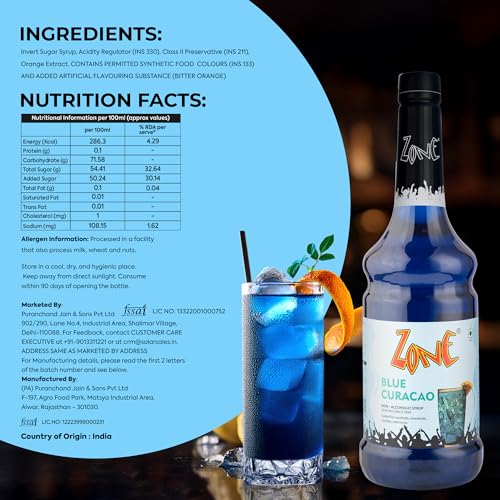 Image of Zone Blue Curacao Flavoured syrup 1000ml - Tropical Blue Citrus syrup for Mocktails, Cocktails, Coolers, Sodas, Lemonades & Summer Drinks | 1 Litre - More Servings, Perfect For Cafe Restaurants & Professional Use