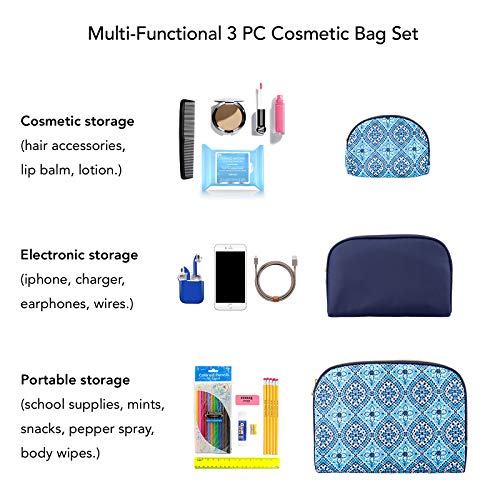3 Pc Cosmetic Bag Set, Purse Size Makeup Bag for Women, Toiletry Travel Bag, Makeup Organizer, Cosmetic Bag for Girls Zippered Pouch Set, Large, Medium, Small (Navy & Blue) - Image 5