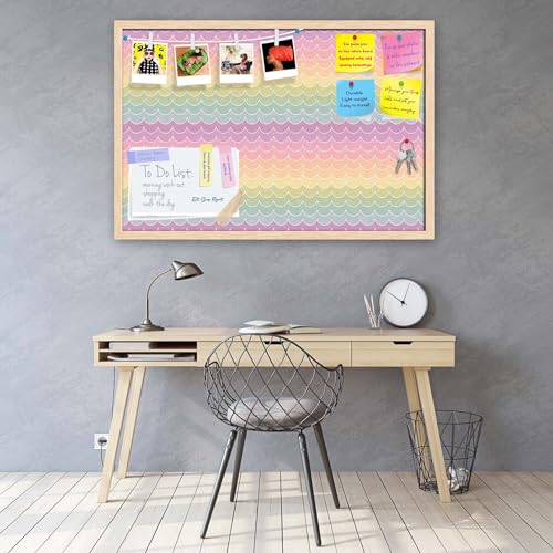 Image of ArtzFolio Wavey | Bulletin Board Notice Pin Board | Vision Soft Board Combo with Thumb Push Pins & Sticky Notes | Natural Brown Frame | 36 x 24 inch (91 x 61 cms)