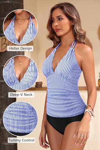Image of Yonique Women's Halter Tankini Top V Neck Swim Top Tummy Control Bathing Suit