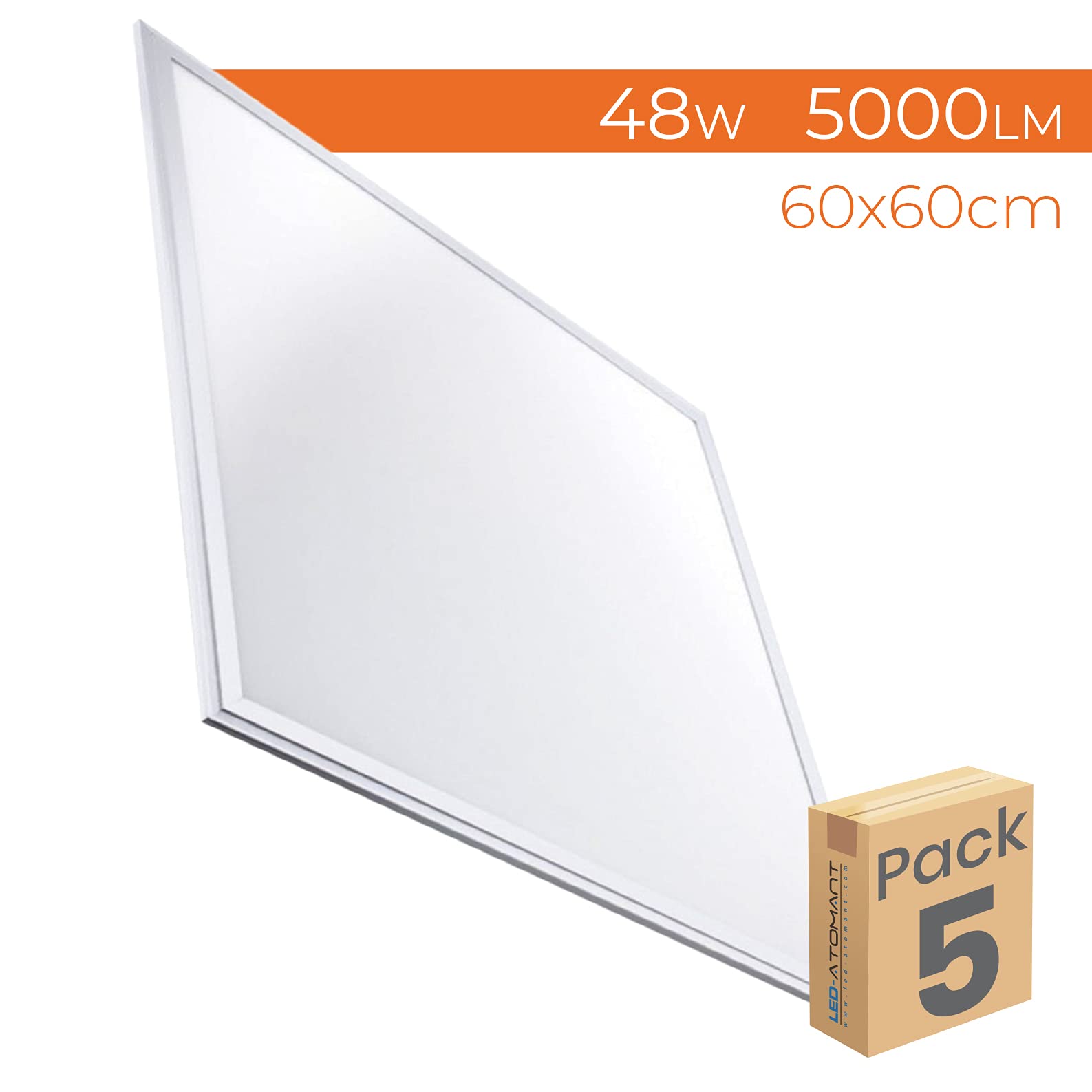 (LA) Panel LED slim 60 x 60 cm 48 W 5000 lumen reali. Bianco freddo (6000 K-6500 K) LED atomant. spedizione gratuito. Pack x5 Bianco freddo