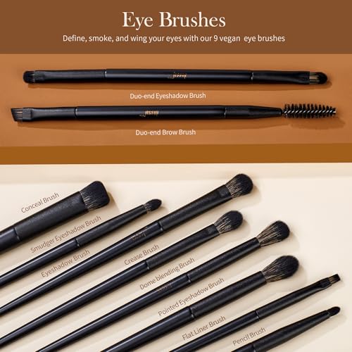 Jessup Set de 14 Brochas de Maquillaje Negras para Mujer, Pincele Maquillaje Base Sombra de Ojos Contorno Corrector Polvo Delineador de Ojos Pliegue Cejas Brochas Difuminar Regalo para Mujer,T336-G - imagen 5