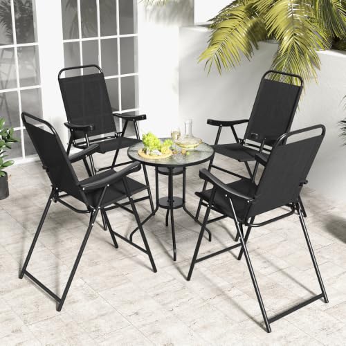 Image of COSTWAY 4 Pieces Patio Folding Bar Chairs with Metal Frame, Footrest, Arms | Outdoor Counter Height Bar Stools with High Backrest, High Top Chairs for Balcony, Garden, Deck, Porch & Poolside (Black)