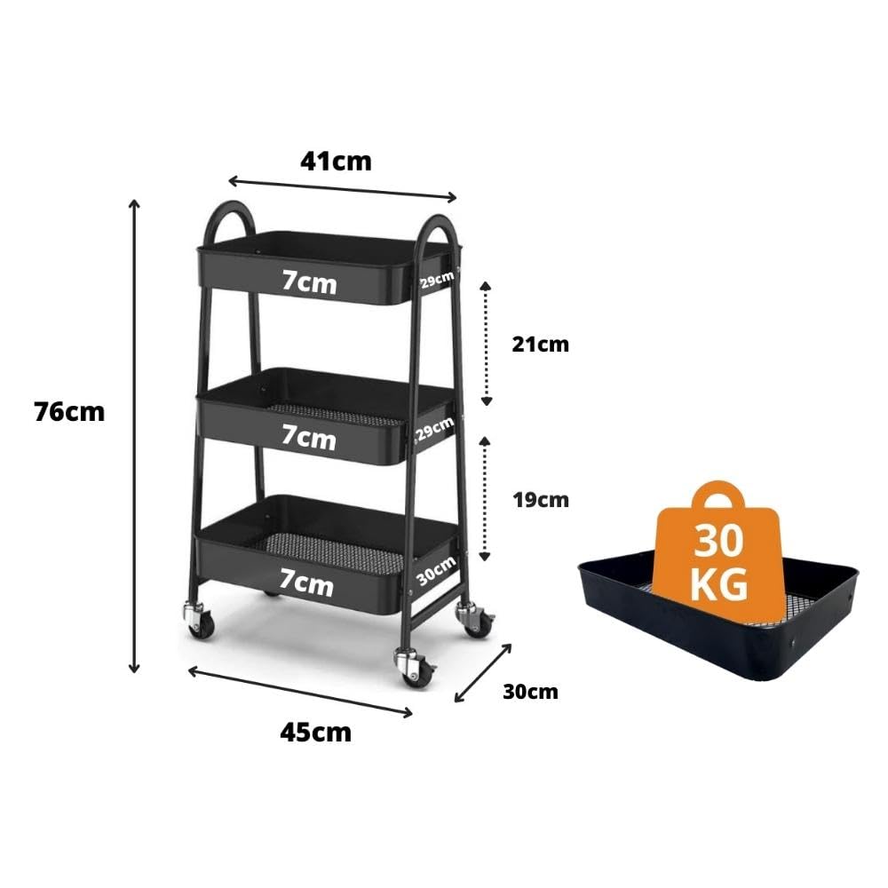 Globalmix Carrello scaffale mobile a 3 livelli, con ruote, con maniglia, 2 freni, cestini in metallo, facile da montare, camera da letto, cucina, ufficio, bagno (nero)