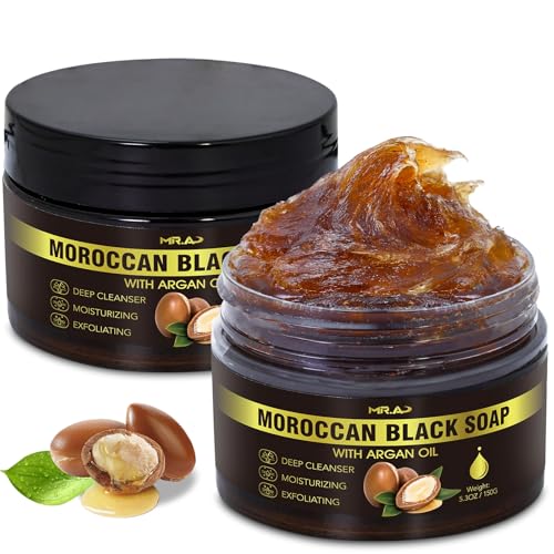 2Pack Moroccan Black Soap with Argan Oil Morocco Black Beldi Soap Hammam Ritual Body Scrub Dead Skin Removal SPA at Home Purifying Moroccan Body Wash with Exfoliating Glove