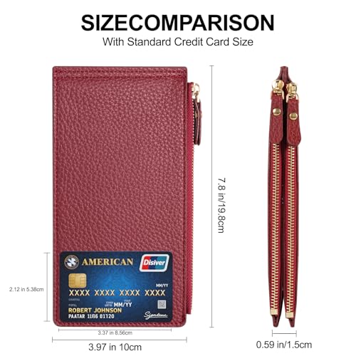 Image of Wallet for Women RFID Blocking Leather Wallet Large Size Bifold Multi Card Holder Wallet with 2 Zipper Pocket - Red