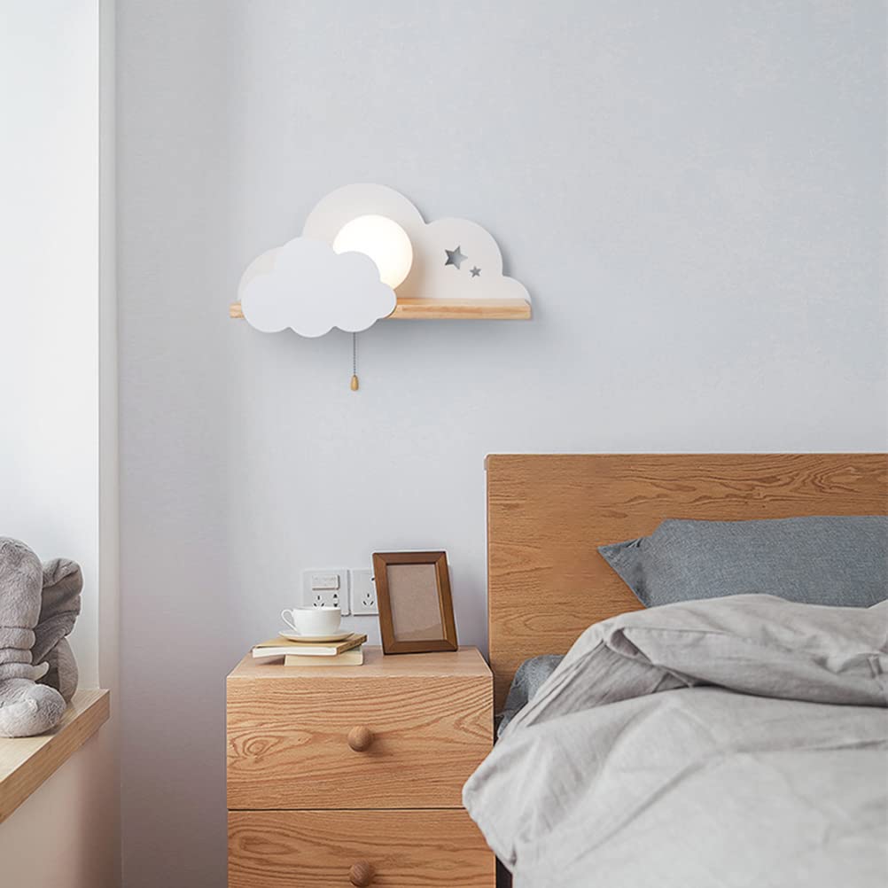 Lámpara de pared para niños con interruptor de tiro,con forma de nube, lámpara de pared para interiorescon estante E27, lámpara de pared de dibujos animados para habitación de niños, niña, niño,Blanco