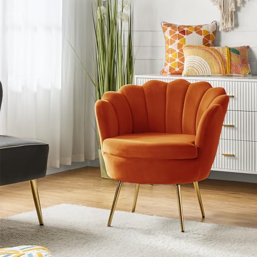 Image of HULALA HOME Modern Velvet Accent Chair with Shell Shaped Back, Cute Living Room Bedroom Armchair Sofa Chair with Gold Legs, Comfy Upholstered Vanity Chair for Makeup Room, Orange