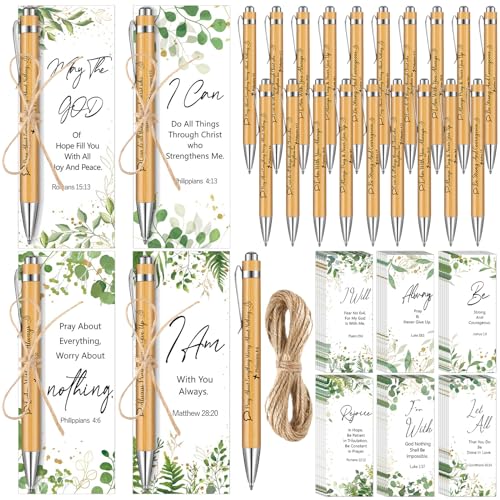 100 Pcs First Communion Favors Baptism Favors Biblical Christian Gifts Set Includes 50 Bible Verse Bamboo Pens and 50 Prayer Hemps Cards Set for Colleague Office Team Church