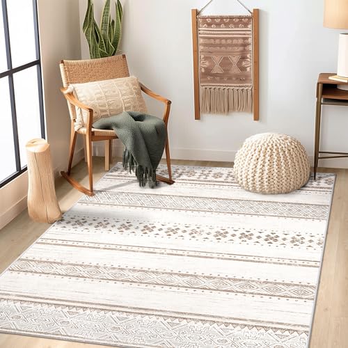 Image of BESTSWEETIE 4x6 Area Rugs for Living Room Washable Moroccan Farmhouse Neutral Geometric Low Pile Non-Slip Soft Print Pattern Rug for Bedroom Kitchen Dining Room Entryway Cream/Brown/Pink