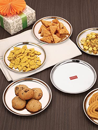 Image of HAZEL Stainless Steel Dinner Plate with Glossy Finish | Thali Plates for Kitchen | Serveware Snacks Plates for Kids | Breakfast Plates Set of 4, 21 cm