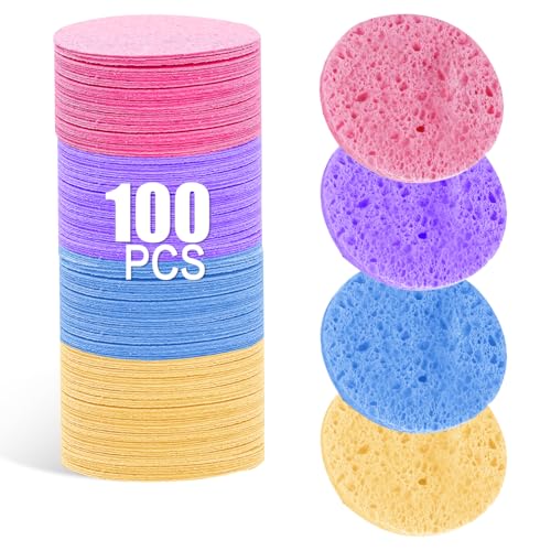 Spunspon 100-Count Facial Sponges - Natural Cellulose, Round Shape - Face Cleansing, Exfoliating, Makeup Removal - Blue, Yellow, Purple, Pink
