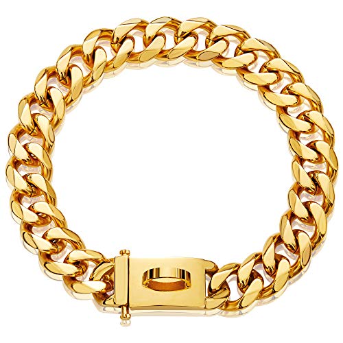 Gold Dog Chain Collar Walking Metal Chain Collar with Design Secure Buckle, 18K Cuban Link Strong Heavy Duty Chew Proof for Small Dogs American Pitbull German Shepherd (19MM, 12 )