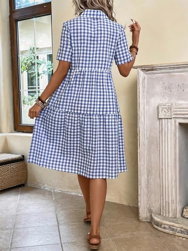 ebossy Women's Retro Plaid Shirt Dress Elegant Lapel Button Up Swing A line Flowy Gingham Mid Tunic Dress4