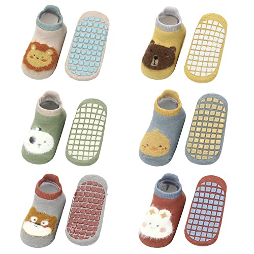 FedMois Calcetines Invierno Antideslizantes de Algodón para Bebé Niño Niña Pack de 6, Animales, 1-3 años