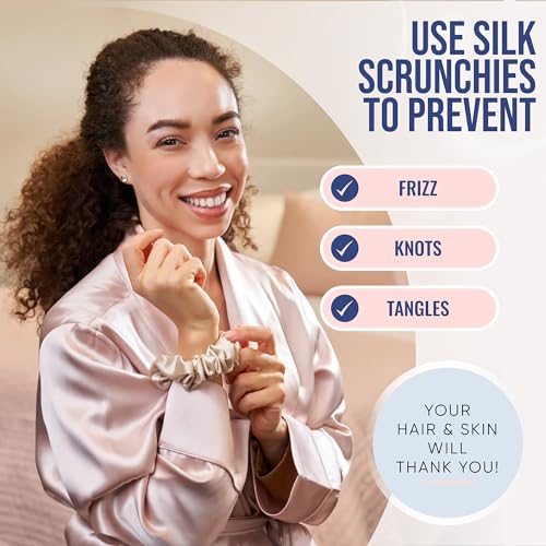 Image of Blissy Silk Scrunchies (3 Pack) - 100% Pure Mulberry Silk - 22 Momme 6A High-Grade Fibers Scrunchie for Straight & Curly Hair - Preventing Breakage, Tangling, & Creasing (Champagne Skinny)
