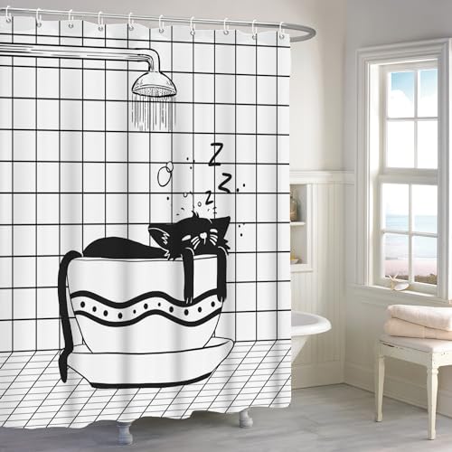 ASDCXZ Funny Shower Curtain 180x180 cm, Modern Black White Bathroom Funny Cat Sleep Washable Bath Shower Curtains Polyester Textile Waterproof Shower Curtain for Bathtub with 12 Hooks - Image 4