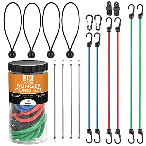 Heavy Duty 18pc Bungee Cord Set with Hooks, Canopy Ties, Luggage Net & Organizer Bag - Assorted Sizes (18\", 24\", 32\") for Outdoor, Bike Racks, Motorcycles