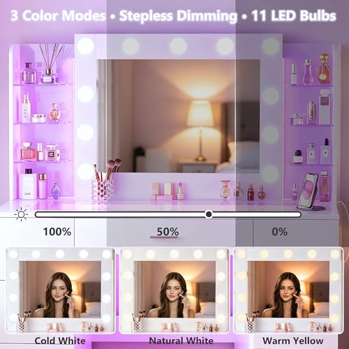 Image of HUAHUU Vanity Desk with Mirror and Hollywood Lights, Makeup Vanity 6 Backlit Open Shelves with Frosted Panel & RGB Light, Transparent Top, Power Outlet, 7 Drawers & Storage Organizer for Bedroom